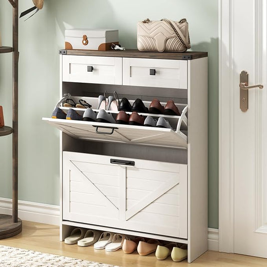 Shoe Cabinet with 2 Flip Drawers & 2 Drawers,Farmhouse Shoe Storage Cabinet for Entryway,Slim Freestanding Narrow Organizer Rack for Front Door Entrance,White