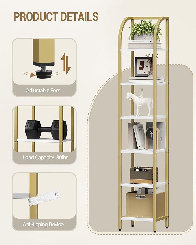 Bookshelf Bookcase Narrow Bookcase Shelf Organizer with Steel Frame for Study Living Room Bedroom Kitchen Home Office Industrial Bookshelf 6-Tier White Gold BC56013A