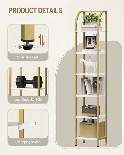 Bookshelf Bookcase Narrow Bookcase Shelf Organizer with Steel Frame for Study Living Room Bedroom Kitchen Home Office Industrial Bookshelf 6-Tier White Gold BC56013A