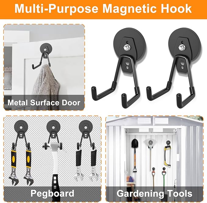 ENUODA Strong Magnetic Hooks Heavy Duty Neodymium Magnetic Tool Holder Magnet Garage Hooks for Hanging Broom, Mop, Power Tool, Toolbox, Shovel, Toolchest, Container, Van, Cabinet, Pegboard, 4 Pack