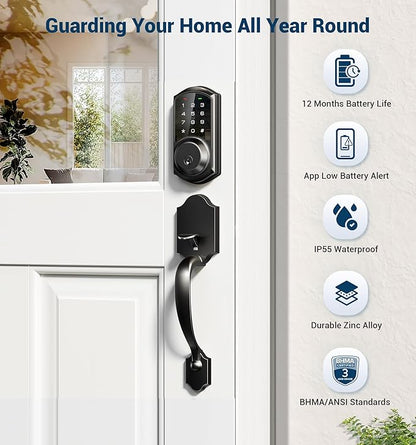 Veise VE06-H Smart Front Door Lock Set, App Control, Keyless Entry Deadbolt with Lever Handle, Electronic Digital Touchscreen Keypad, Auto Lock, Easy Install, Matte Black
