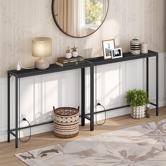 Console Table, 2 Pack Narrow Sofa Table, 43.3” Entrance Table with Power Station, Behind Couch Table, for Living Room, Hallway, Entryway, Foyer, Black CTBK112E01S2