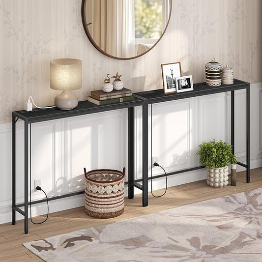 Console Table, 2 Pack Narrow Sofa Table, 43.3” Entrance Table with Power Station, Behind Couch Table, for Living Room, Hallway, Entryway, Foyer, Black CTBK112E01S2