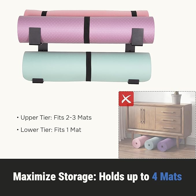Yoga Mat Holder with Protective Padding Wall Mount Steel Storage Rack, 2 Tier Adjustable Width Hanger for up to 4 Foam Rollers, Easy Installation