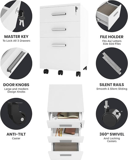 Modern Design Lazio White File Cabinet, Filing Cabinets for Home Office, Drawers for Under Desk, Locking 3 Drawer Rolling Wood File Cabinet with Lock, by Crafts and Comfort