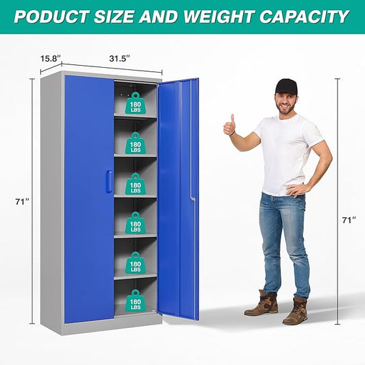 Metal Cabinet with 5 Adjustable Shelves,6 Tier Garage Storage Cabinet with Lock,Gray Blue Metal Storage Cabinet with Locking Doors,Steel Cabinets,71" Lockable Storage Cabinets for Home,Office,Garage