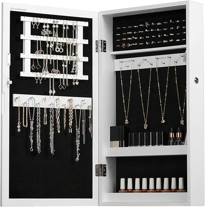 SONGMICS Lockable Jewelry Cabinet Armoire with Mirror, Wall-Mounted Space Saving Jewelry Storage Organizer, White UJJC51WT