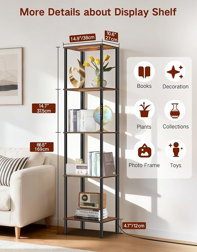 5 Tier Display Shelves with RGB Lights, Display Cabinet with Touch & APP & Remote Control, Dimmable Bookshelf with Music Sync, Adjustable Color Lighting for Living Room, Bedroom