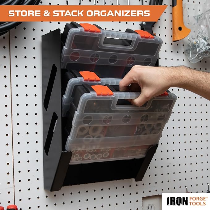 Iron Forge Tools Small Parts Tool Organizer, Service Truck, Cargo Van Shelving- Metal Wall Mount Rack & 3 Hardware Storage Bin Nuts and Bolts Boxes