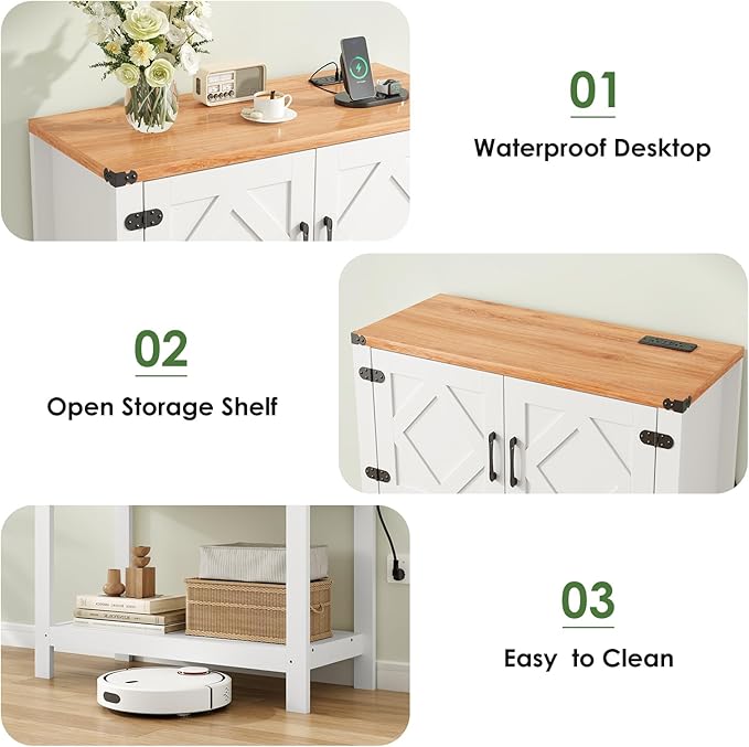 Entryway Console Table with Power Outlets and USB Port, Coffee Bar Cabinet with Doors, Farmhouse Kitchen Cabinets Sofa Table with Storage for Hallway, Foyer, Living Room, Pale Walnut Panel
