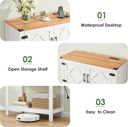 Entryway Console Table with Power Outlets and USB Port, Coffee Bar Cabinet with Doors, Farmhouse Kitchen Cabinets Sofa Table with Storage for Hallway, Foyer, Living Room, Pale Walnut Panel
