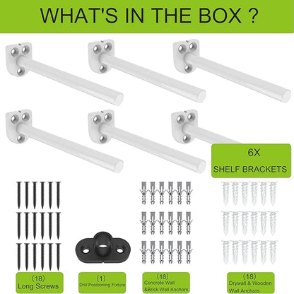 Floating Shelf Bracket（1/4 Inch Thick 6 Pack, 10 Inch White） Solid Steel Support, Hidden Heavy Duty Shelf Bracket, Invisible &Blind Design for Wood Shelves，Suitable for Kitchen, Study or DIY