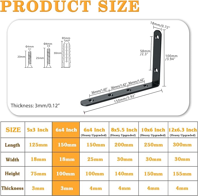 Alise Floating Shelf Brackets,Black Bracket for Shelves Heavy Duty L Bracket Corner Brace,Joint Angle Brace for Wood,6x4 Inch(Pack of 4)