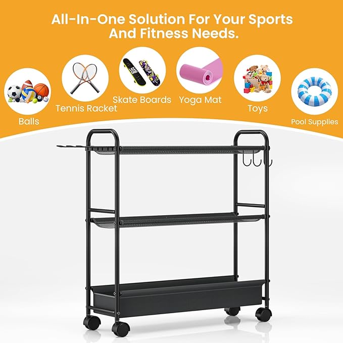 Basketball Rack 3-Shelf Training Stand, Garage Sports Equipment Organizer - Rolling Ball Storage Rack with Wheels, Ball Racks for Basketball, Soccer, Basketball Racks Ball Cart with Hooks.