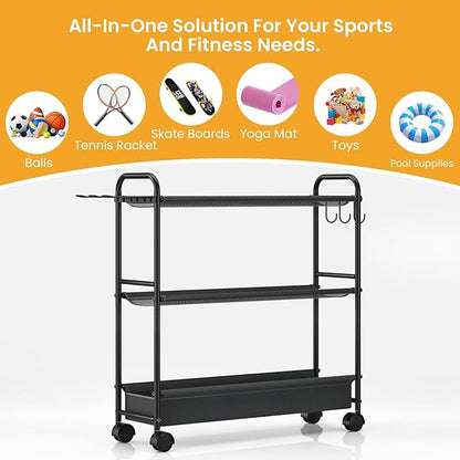 Basketball Rack 3-Shelf Training Stand, Garage Sports Equipment Organizer - Rolling Ball Storage Rack with Wheels, Ball Racks for Basketball, Soccer, Basketball Racks Ball Cart with Hooks.