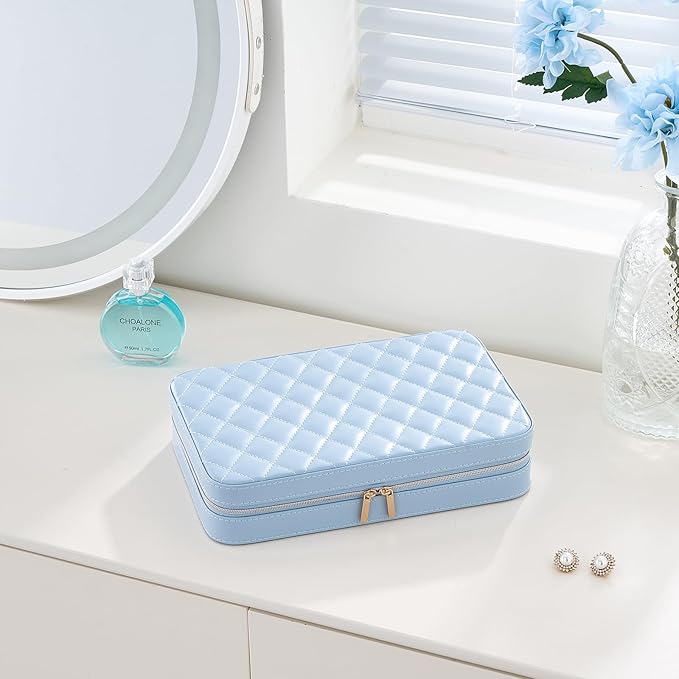 Lolalet Travel Jewelry Case for Women Girls, Travel Jewelry Organizer Box with Mirror & Clear Storage Bag, Small Portable Earring Necklace Bracelet Ring Case, Birthday Valentine Gifts -Large, Blue