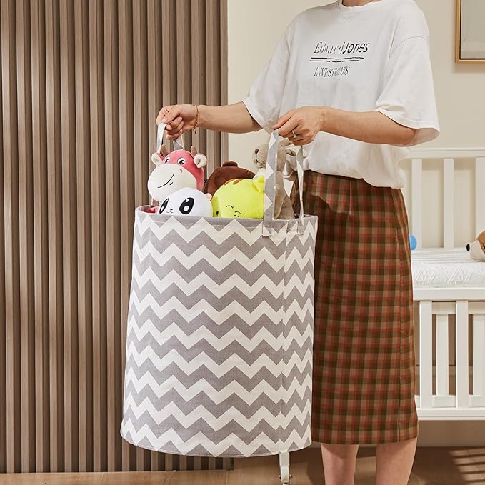 Baby Laundry Basket with Long Handles, 63L Collapsible Kids Laundry Hamper, Toy Storage Basket for Nursery, Bedroom Decor for Girls and Boys (Grey Chevron)