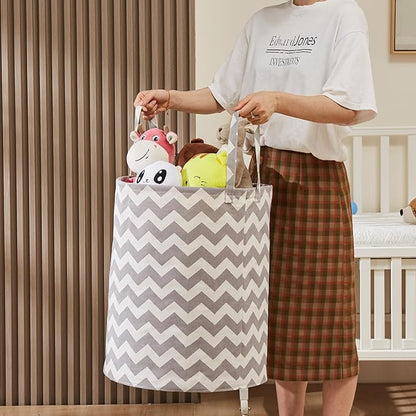 Baby Laundry Basket with Long Handles, 63L Collapsible Kids Laundry Hamper, Toy Storage Basket for Nursery, Bedroom Decor for Girls and Boys (Grey Chevron)