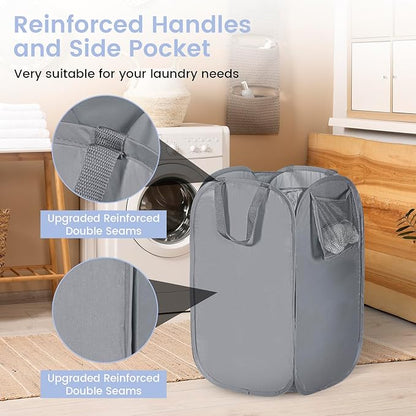 HOUSE AGAIN Upgraded Pop Up Hampers for Laundry, Collapsible Laundry Basket with Durable Handles & High Carbon Steel Frame, Wide Opening, Solid Bottom and Side Pocket for Clothes and Storage(Grey)