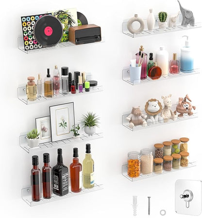 8 Pack Floating Shelves - Clear Acrylic/PET Wall Mounted Non-Drilling Storage Rack with Adhesive, Invisible Bathroom and Bedroom Shelves for Kitchen, Living Room, Clear Decoration