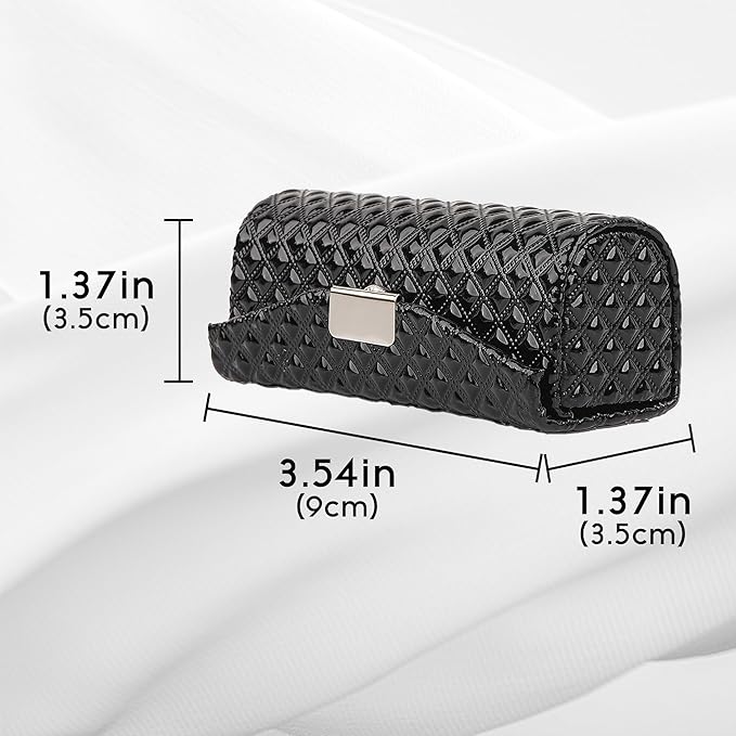 Lipstick Case with Mirror, Diamond Pattern, Vegan Leather Lipstick Holder for One Tube, Slim Makeup Organizer for Travel & Quick Touch-Up (Black)
