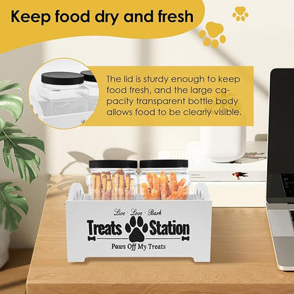 Dog Treat Container Wood Dog Food Storage Container with 2 Plastic Jars Rustic Cat Treat Container Practical Pet Treat Storage Organizer (White)