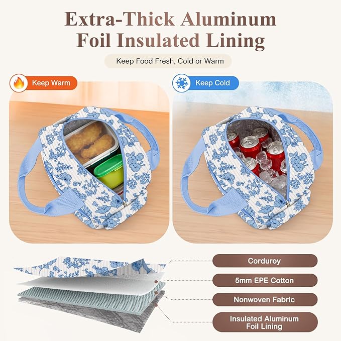 Lunch Bag Lunch Box for Women, Cute Corduroy Insulated Reusable Work Leakproof Simple Adults Flower Large Lunch Boxes Tote Bag Men Cooler Bag
