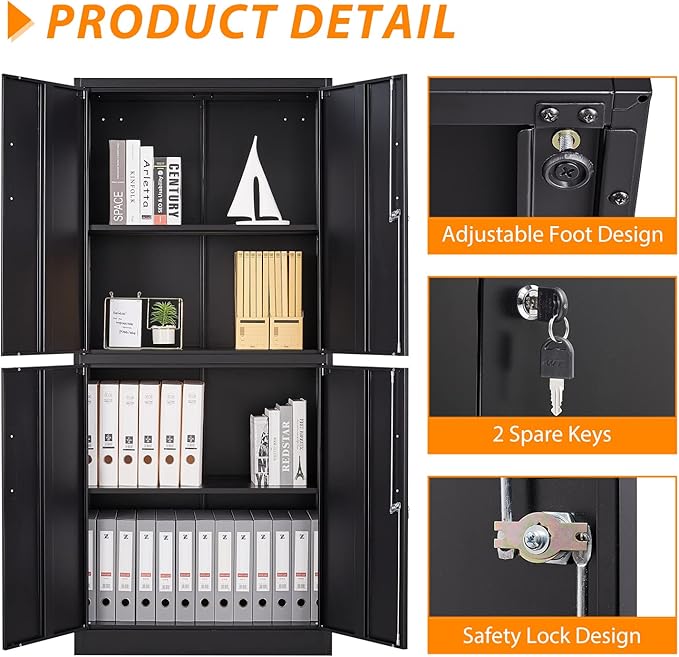 Metal Storage Locking Cabinet, 71" Tall Metal Cabinet with 4 Doors and 2 Adjustable Shelves, Locking Steel Cabinet for Home, School, Office, Gym, Garage Storage (Black)