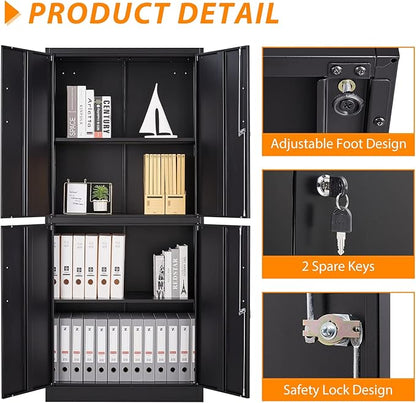 Metal Storage Locking Cabinet, 71" Tall Metal Cabinet with 4 Doors and 2 Adjustable Shelves, Locking Steel Cabinet for Home, School, Office, Gym, Garage Storage (Black)
