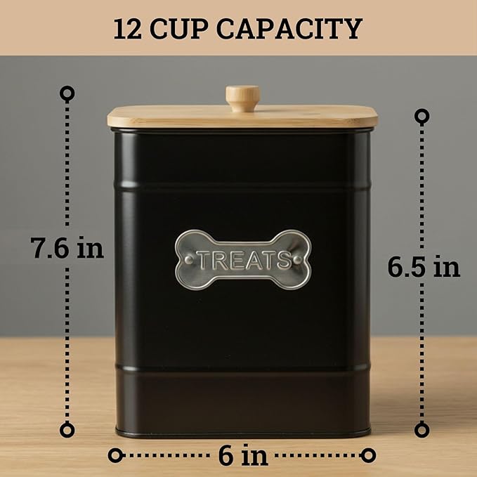 Dog Treat Container Airtight - 6 Inch Wide x 8 Inch Tall Iron Dog Treat Jar for Kitchen Counter with Airtight Bamboo Lid - 12 Cup Capacity Pet Treat Container - Doggie Cookie Jar - Big Treats Canister