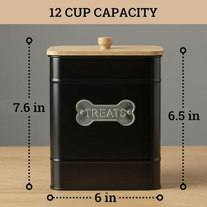 Dog Treat Container Airtight - 6 Inch Wide x 8 Inch Tall Iron Dog Treat Jar for Kitchen Counter with Airtight Bamboo Lid - 12 Cup Capacity Pet Treat Container - Doggie Cookie Jar - Big Treats Canister