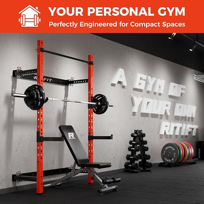 RitFit 2.36'' x 2.36'' Folding Squat Rack for Home Gym, Wall Mounted Squat Rack with Attachments - Space Saving Squat Power Rack
