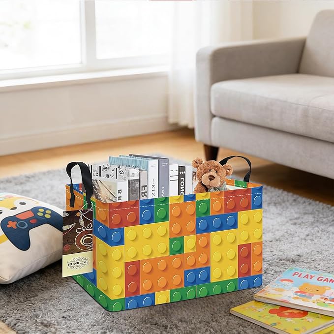 HUNRUNG Rectangle Storage Basket Cute Canvas Organizer Bin for Pet/Children Toys, Books, Clothes Perfect for Rooms(REC-Colorful Blocks)