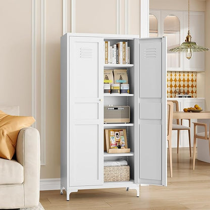 MIIIKO Storage Cabinet with Doors, Tall Kitchen Pantry Cabinet with 4 Shelves Freestanding, Metal White Cabinets for Laundry and Bathroom,14" D x 27.6" W x 61" H Tall Cupboard