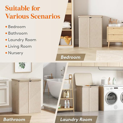 Lifewit 165L Large Laundry Basket with Lid, Laundry Hamper with Plastic Handles and Removable Bag, Foldable Tall Dirty Clothes Hampers for Laundry for Laundry Room, Bedroom, Bathroom, Dorm, Beige
