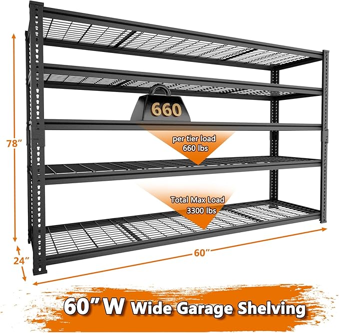 ROOMTEC Garage Shelving, 3300 LBS Capacity Storage Shelves Heavy Duty, 5 Tier Adjustable Metal Organizer Wire Rack, 60"L x 24"W x 78"H Utility Shelf Unit for Kitchen Pantry (1, 60" L x 24" W x 78" H)