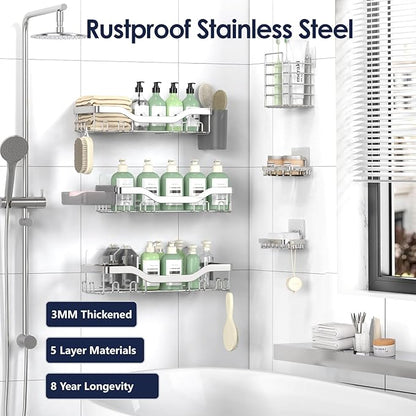 Shower Caddy Adhesive Shower Organizer 8-Pack, Rustproof Stainless Steel Bathroom Shelves, Large Capacity No-Drill Rack Storage Accessories with Soap Dish Toothbrush Holder Hooks