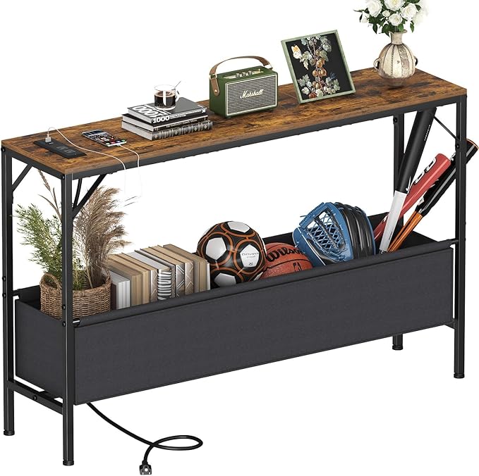 Console Table, Narrow Sofa Table, 47.2" Behind Couch Table with Power Station, Entrance Table, for Living Room, Hallway, Entryway, Foyer, Rustic Brown