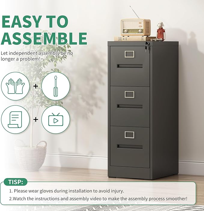 3 Drawer File Cabinet, Vertical File Cabinets with Lock for Home Office,Heavy Duty Office Steel Filing Cabinet for Hanging Letters/Legal/A4, Assembly Required (Black)
