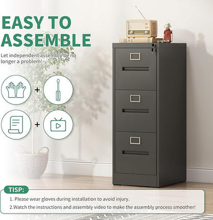 3 Drawer File Cabinet, Vertical File Cabinets with Lock for Home Office,Heavy Duty Office Steel Filing Cabinet for Hanging Letters/Legal/A4, Assembly Required (Black)