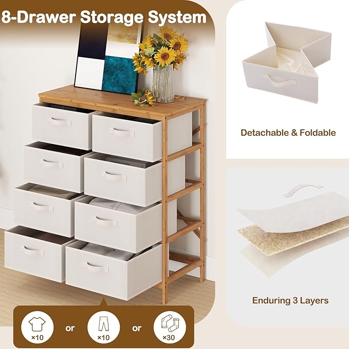 Giantex 8 Drawers Dresser for Bedroom, Bamboo Fabric Storage Tower with Removable Fabric Bins, Chest of Drawers, Storage Organizer for Closet Living Room Hallway (16" D x 31.5" W x 37" H)