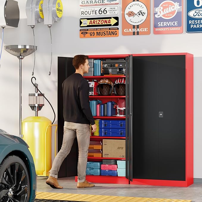 Metal Garage Storage Cabinets with Lock, 71" Tall Tool Cabinet with 2 Door and 5 Adjustable Shelves, Locking Garage Cabinets and Lockable Steel Locker for Home Office Warehouse-(Red Black-71”H)