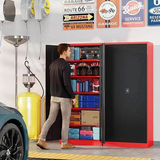 Metal Garage Storage Cabinets with Lock, 71" Tall Tool Cabinet with 2 Door and 5 Adjustable Shelves, Locking Garage Cabinets and Lockable Steel Locker for Home Office Warehouse-(Red Black-71”H)