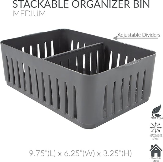 Simplify 3 Compartment Stackable Bin with Adjustable Dividers | Drawer Organizer | Storage Basket | Good for Office | Desk Supplies | Dorm | Bathroom | Accessories | Make Up | Grey