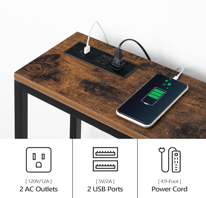 70.9'' Console Table with Power Outlet, Narrow Sofa Table with Charging Station, Skinny Behind Couch Table for Entryway, Hallway, Foyer, Living Room, Rustic Brown CTHR18E01Z1