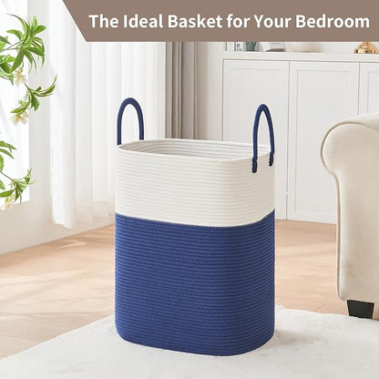 Laundry Basket with Handles - Blanket Basket & Hampers for Bedroom Aesthetic, Laundry Hamper & Blanket Storage for Living Room, Clothes Hamper, Tall, Large 17" x 14" x 23”, White & Dark Blue