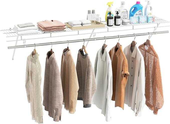 Giantex Closet Shelf with Hanging Rod, 6 ft Wall Mounted Wire Shelving Kit with Storage Shelf & Clothes Rod, Ventilated Metal Wall Shelf Organizer for Laundry Room, Closet, Bedroom, White