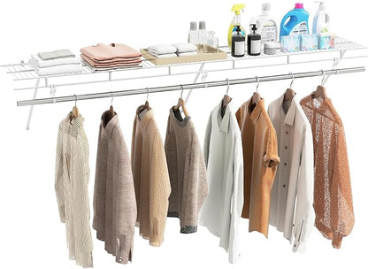 Giantex Closet Shelf with Hanging Rod, 6 ft Wall Mounted Wire Shelving Kit with Storage Shelf & Clothes Rod, Ventilated Metal Wall Shelf Organizer for Laundry Room, Closet, Bedroom, White