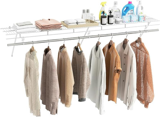 Giantex Closet Shelf with Hanging Rod, 6 ft Wall Mounted Wire Shelving Kit with Storage Shelf & Clothes Rod, Ventilated Metal Wall Shelf Organizer for Laundry Room, Closet, Bedroom, White
