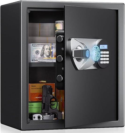 BlackSmith 1.8 Cubic Feet Biometric Safe Box Quick Access Fingerprint Handgun Safe Home Security Safe for Money Firearm Valuables with Removable Shelf Dual Alarm System Fireproof Bag